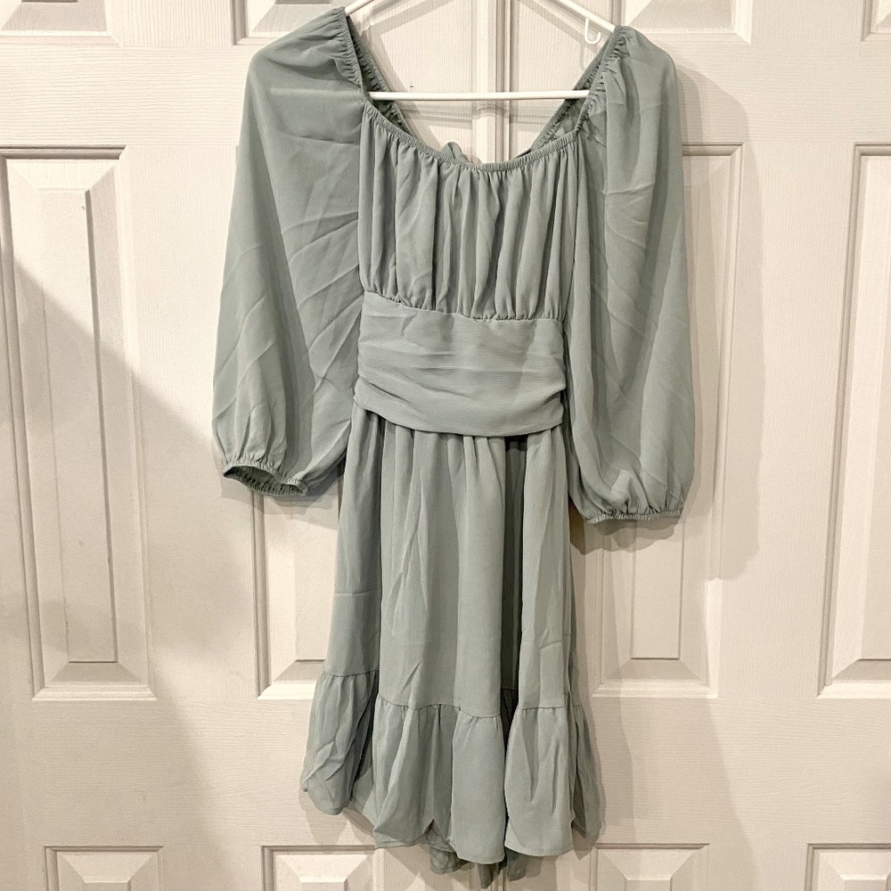 NWT Square Neck or Off Shoulder Summer Dress Tie Back Long Lantern Sleeve- Small